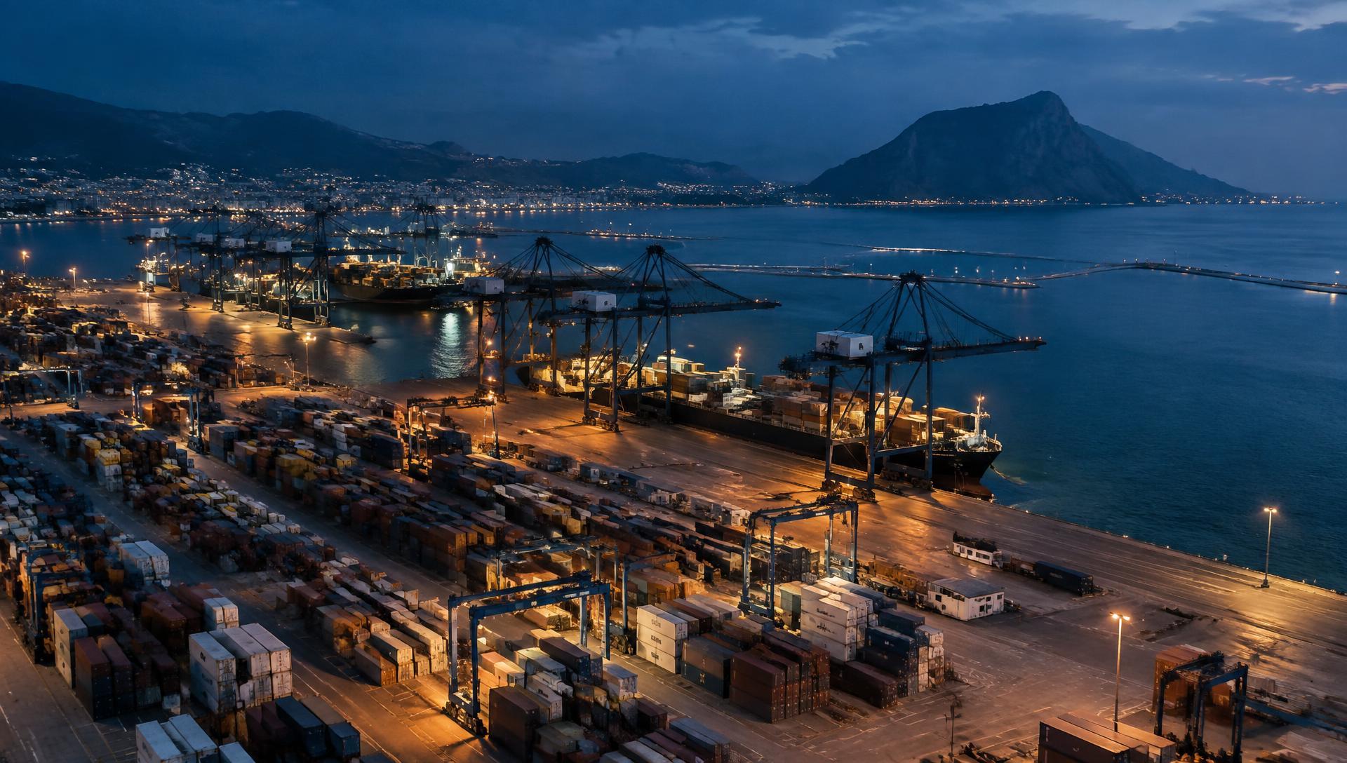 Vista aérea de un gran puerto comercial mediterráneo al atardecer, con contenedores y grúas portuarias