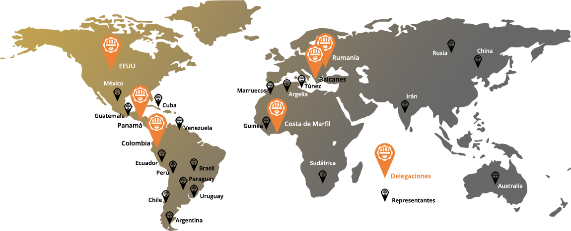 Mapamundi con la presencia internacional de SICOMEX: delegaciones y representantes en América, Europa, África, Asia y Oceanía